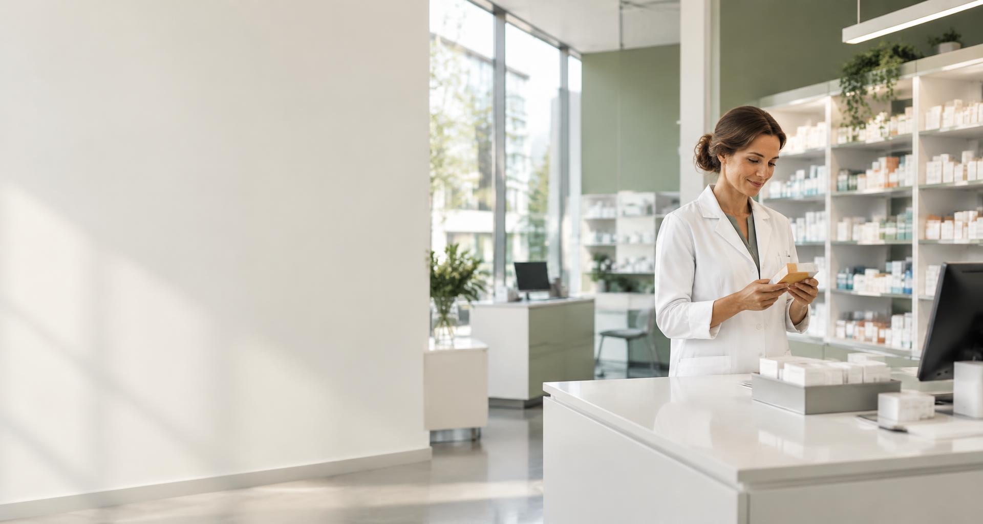 Een apotheker controleert geneesmiddelen in een lichte, moderne apotheek — illustratieve foto